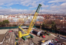 Grúas Aguilar Bets Its Growth on Liebherr The Liebherr LR 1800-1.0 crawler crane of Grúas Aguilar assembling the Mayrit tunnel boring machine on the Metro Line 11 extension in Madrid.