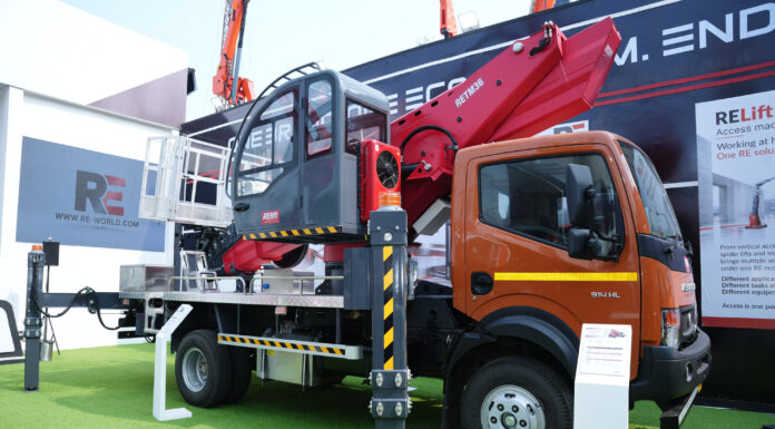 From Renting Lifts to Building Them: India’s Rentease Launches the RE Brand The RE-Lift RETM36 truck-mounted boom on the RE stand at bauma CONEXPO INDIA 2026