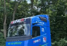 A gas-powered Volvo FH in Reinert Logistics livery