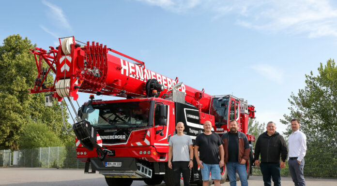 Narrow Roads, Weak Bridges: Why Henneberger Chose a 2.55-Metre-Wide 100-Tonne Crane The Henneberger team with the company's new Liebherr LTM 1100-5.3 all-terrain crane