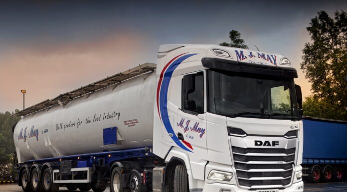Why a Used-Truck Buyer Finally Went New: MJ May Transport Specs a DAF XF 530 FTP for Bulk Flour The new DAF XF 530 FTP 6x2 of MJ May Transport, coupled to a bulk powder tanker