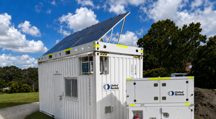 From 9,096 Hours to 1,523: What Hybrid Power Did on a Sydney Data Centre Site A United Rentals 20 ft solar platform and hybrid power unit supplying a site office